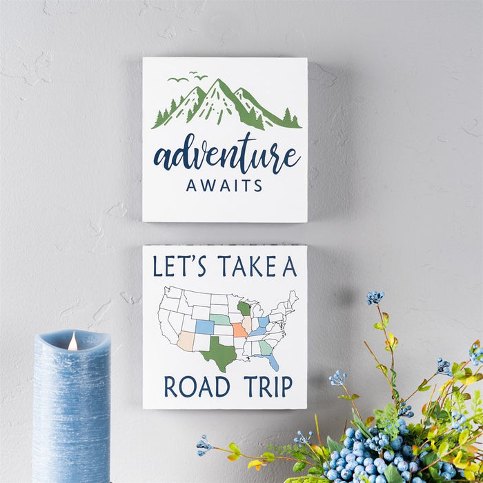 Melrose Adventure Block Sentiment Sign, Set of 4, Blue/White/Green
