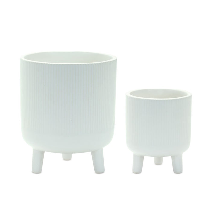 Melrose Ribbed Stone Footed Planter (Set of 2), White - 85219DS