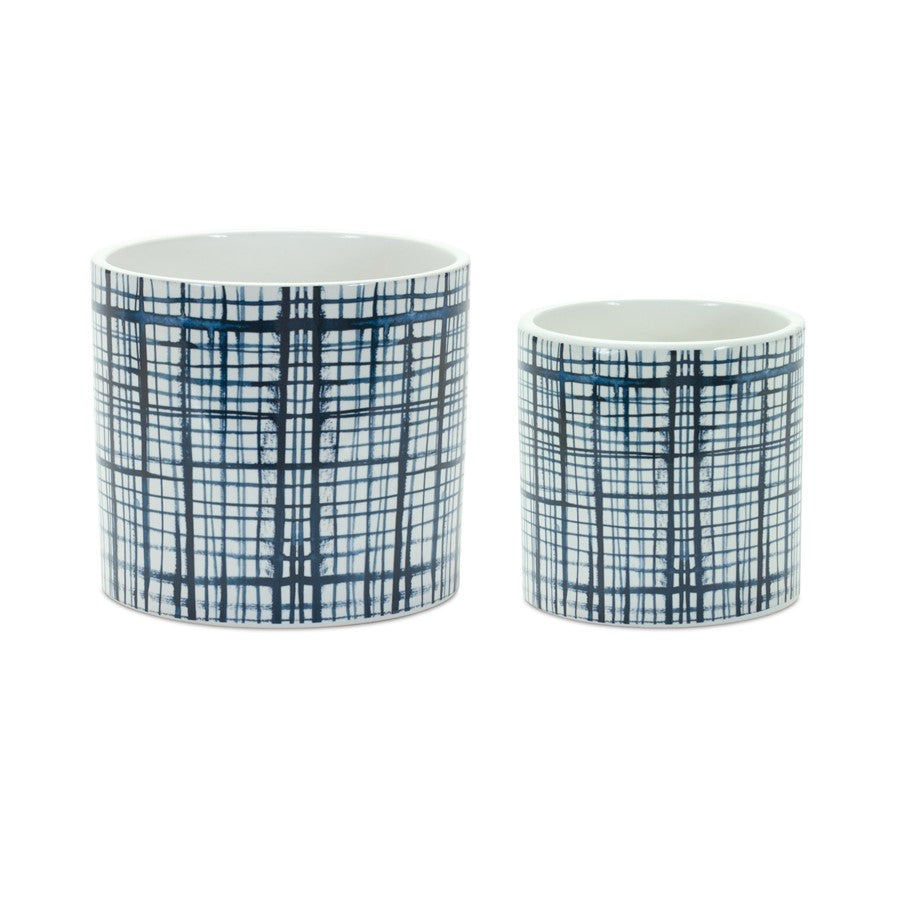 Melrose Int. Criss Cross Pattern Planter, Set of 2, White/Blue - 85222DS