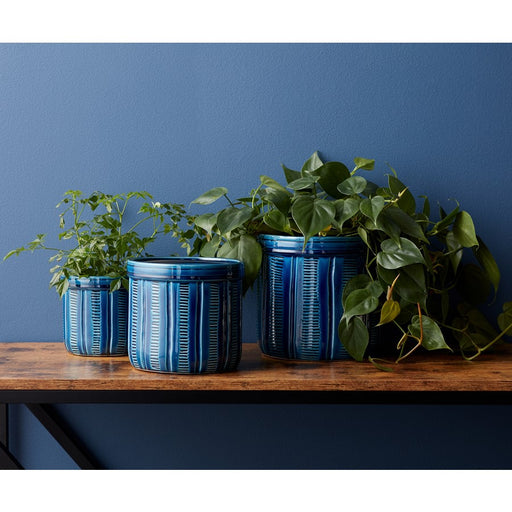 Melrose Blue Etched Terra Cotta Pot Planter, Set of 3, Green