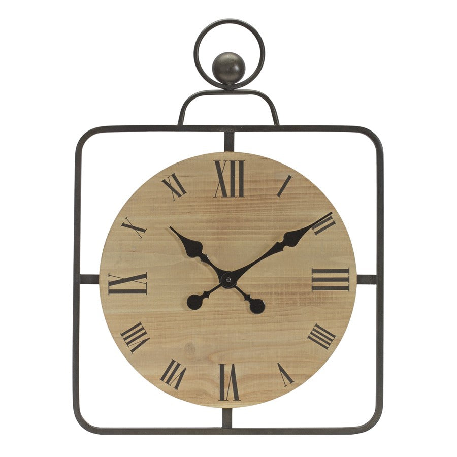 Melrose International Wooden Wall Clock, Iron Frame 16"D, Brown/Black - 85308DS