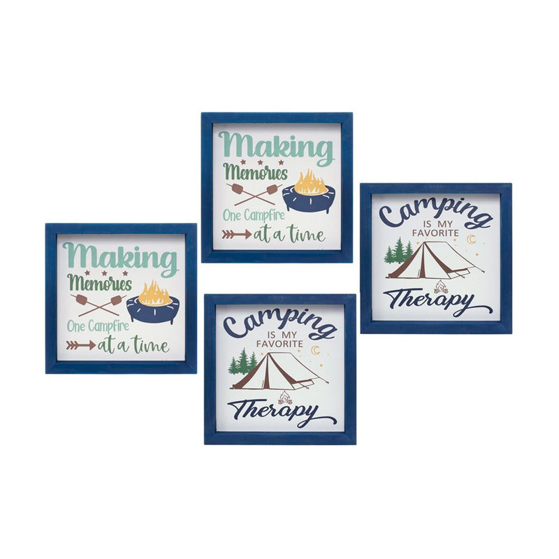 Melrose Wood Framed Camping Sentiment Sign, Set of 4, Blue/White/Green - 85313DS