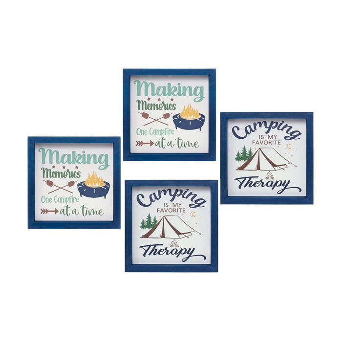 Melrose Wood Framed Camping Sentiment Sign, Set of 4, Blue/White/Green - 85313DS