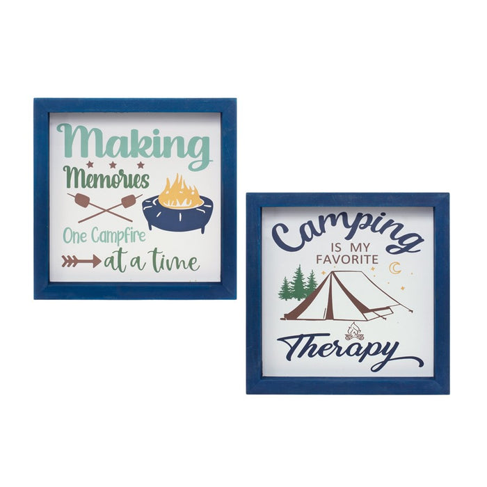 Melrose Wood Framed Camping Sentiment Sign, Set of 4, Blue/White/Green