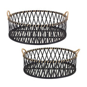 Melrose Round Woven Bamboo Trays/Rattan Handle Accent, Set of 2, Black - 85336DS