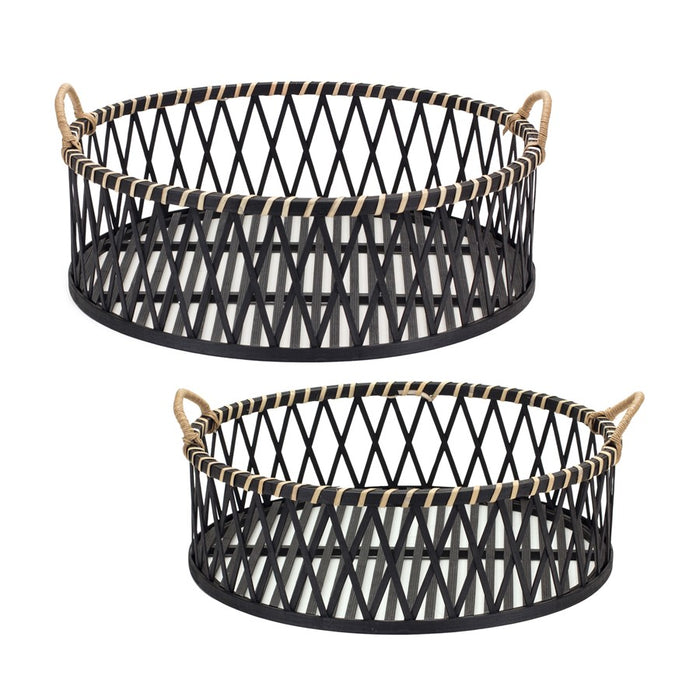 Melrose Round Woven Bamboo Trays/Rattan Handle Accent, Set of 2, Black - 85336DS