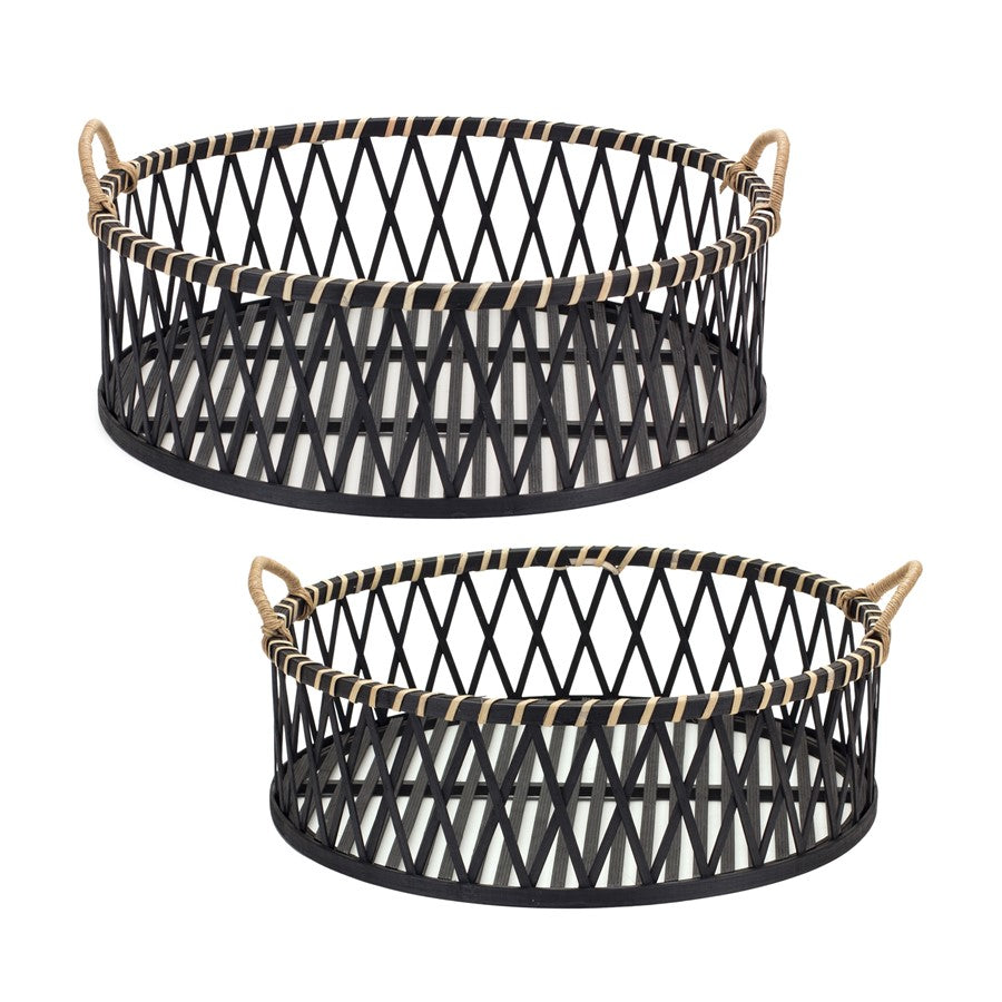 Melrose Round Woven Bamboo Trays/Rattan Handle Accent, Set of 2, Black - 85336DS