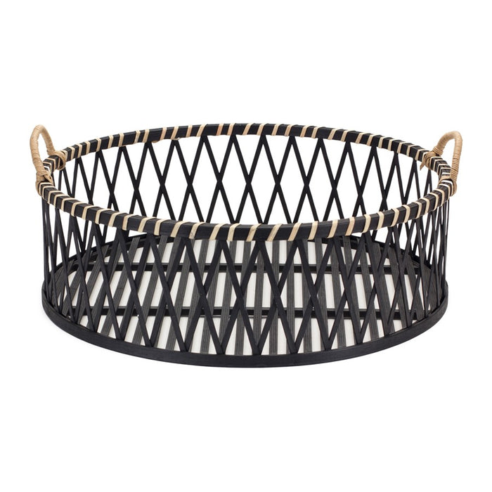 Melrose Round Woven Bamboo Trays/Rattan Handle Accent, Set of 2, Black