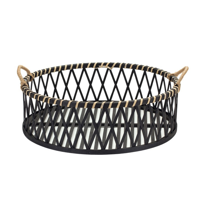 Melrose Round Woven Bamboo Trays/Rattan Handle Accent, Set of 2, Black