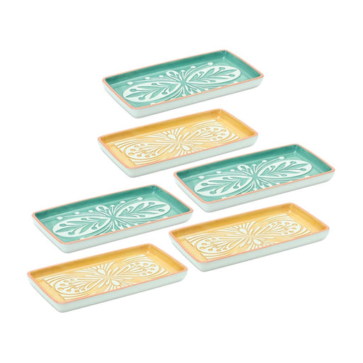 Melrose Ornamental Ceramic Tray, Set of 6, Green/Yellow/White - 85365DS