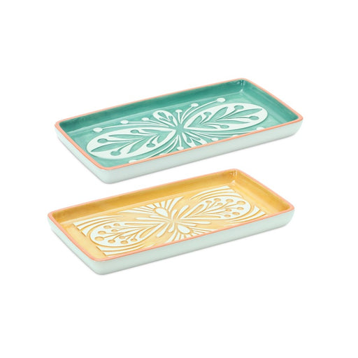 Melrose Ornamental Ceramic Tray, Set of 6, Green/Yellow/White