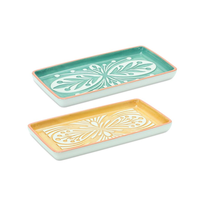 Melrose Ornamental Ceramic Tray, Set of 6, Green/Yellow/White