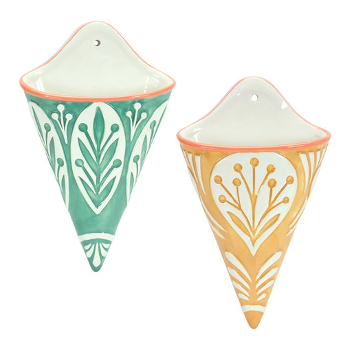 Melrose Ornamental Ceramic Wall Pocket, Set of 2, Green/White/Yellow - 85367DS