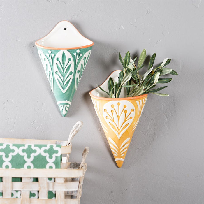 Melrose Ornamental Ceramic Wall Pocket, Set of 2, Green/White/Yellow