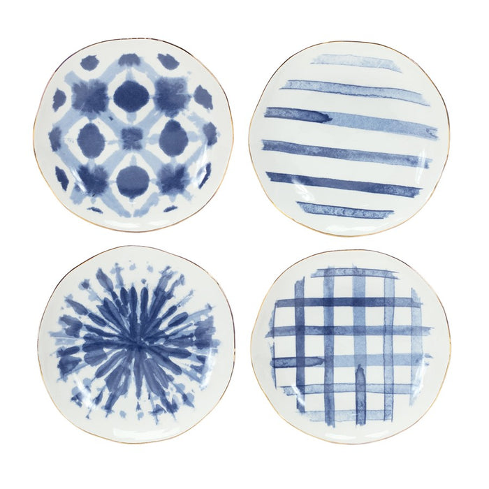 Melrose Coastal Tie-Dye Design Ceramic Plate, Set of 4, Blue/White - 85403DS