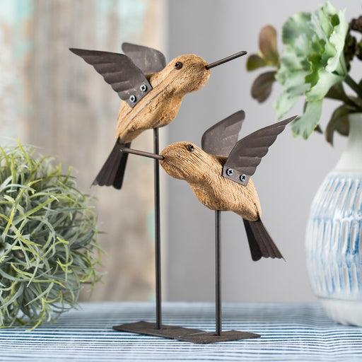 Melrose Natural Fir Wood Bird Figurine/Rustic Metal Accents, Set of 2