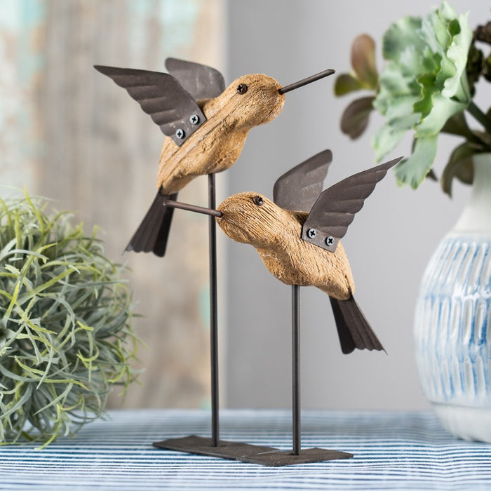 Melrose Natural Fir Wood Bird Figurine/Rustic Metal Accents, Set of 2