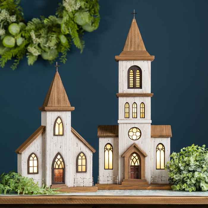 Melrose Lighted Natural Wooden Church Display/Rustic Metal Accents 25