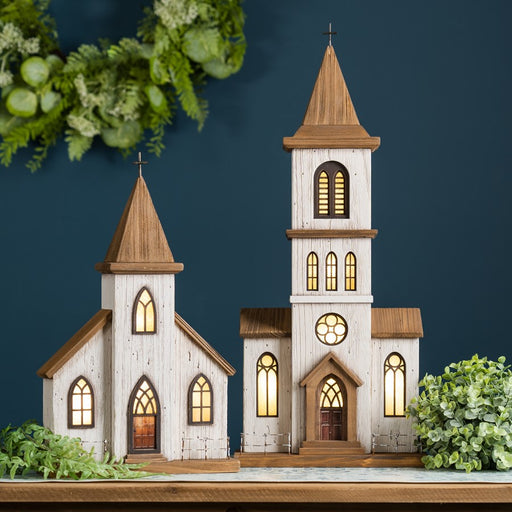 Melrose Lighted Natural Wooden Church Display/Rustic Metal Accents 17