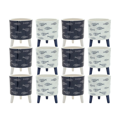 Melrose Coastal Fish Pattern Planter/Legs, Set of 12, Blue/White - 85439DS