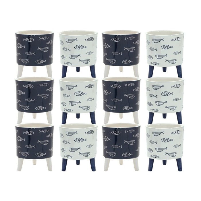 Melrose Coastal Fish Pattern Planter/Legs, Set of 12, Blue/White - 85439DS