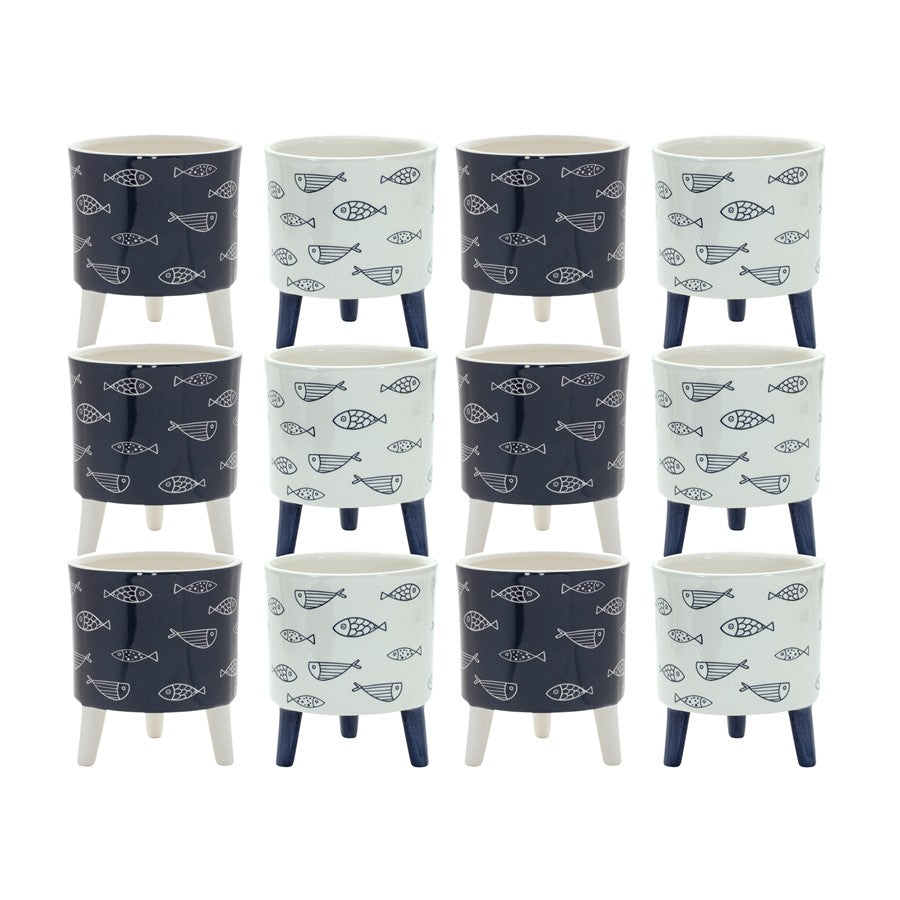Melrose Coastal Fish Pattern Planter/Legs, Set of 12, Blue/White - 85439DS