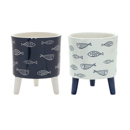 Melrose Coastal Fish Pattern Planter/Legs, Set of 12, Blue/White