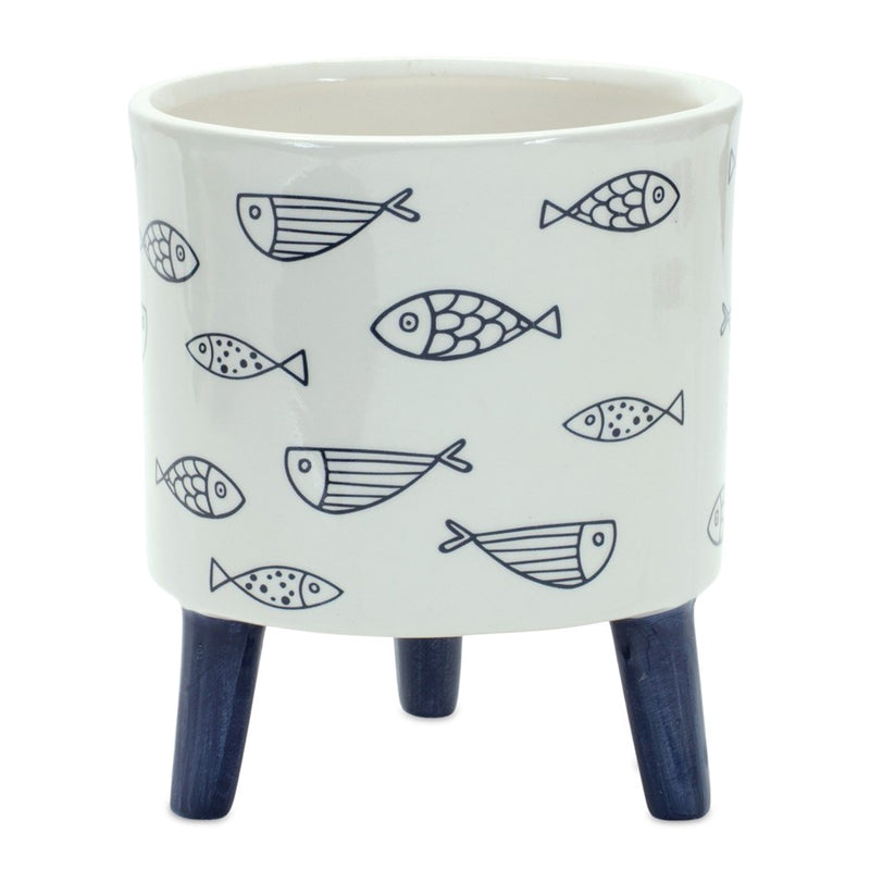 Melrose Coastal Fish Pattern Planter/Legs, Set of 12, Blue/White