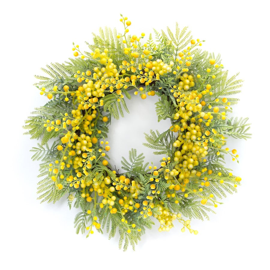 Melrose International Fern/Mimosa Wreath 27"D, Green/Yellow - 85458DS