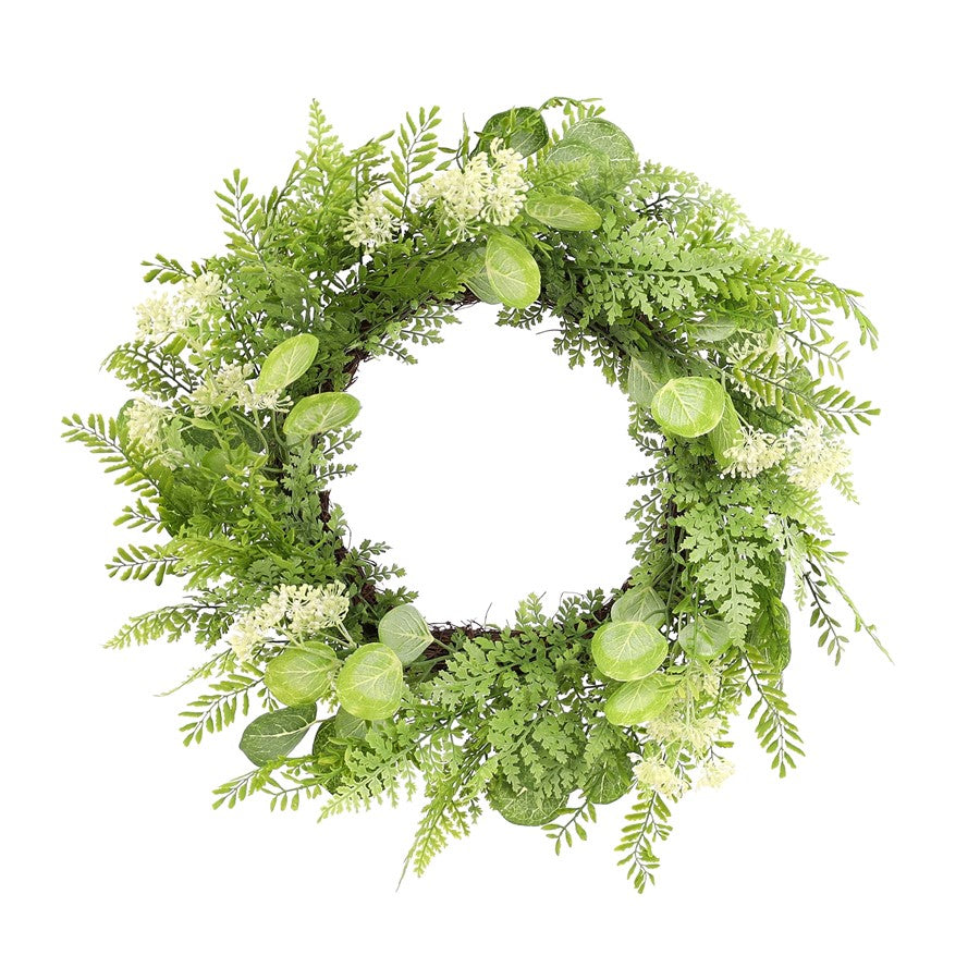 Melrose Mixed Fern Foliage Wreath 27.5"D, Green/White/Brown - 85459DS