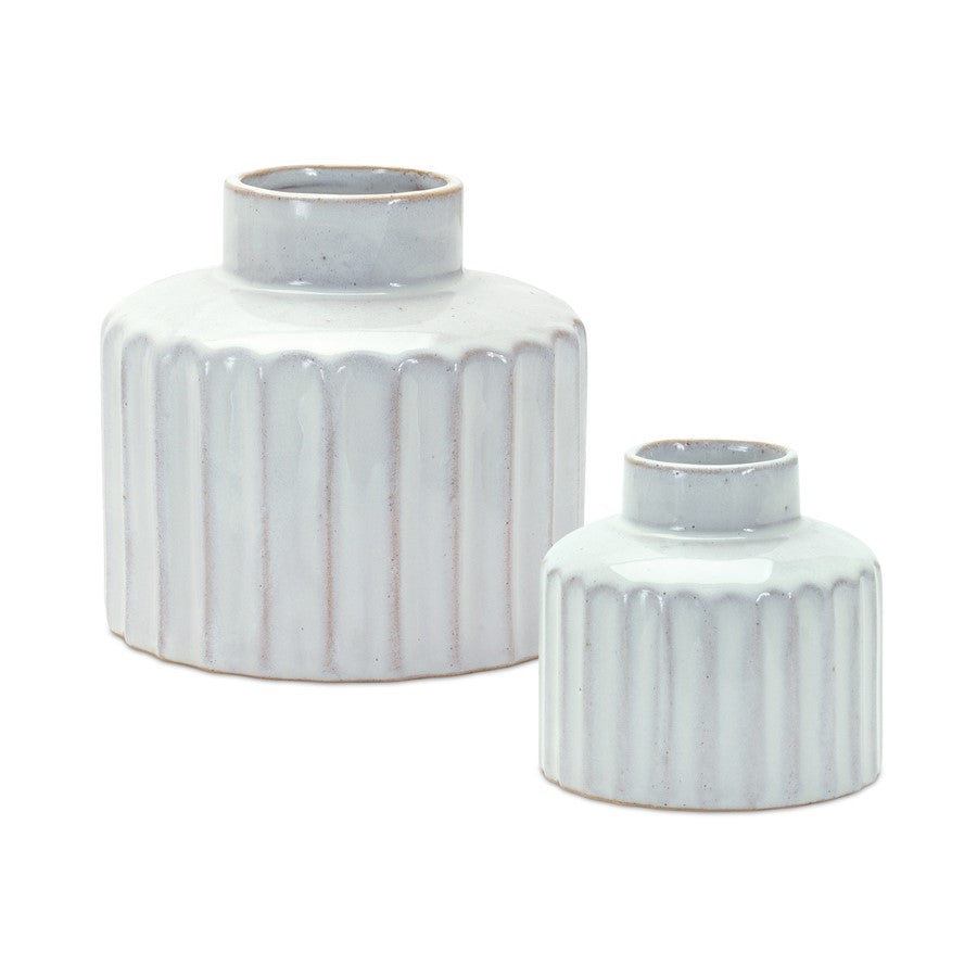 Melrose International Ribbed Porcela, Vase/Washed, Set of 2, White - 85467DS