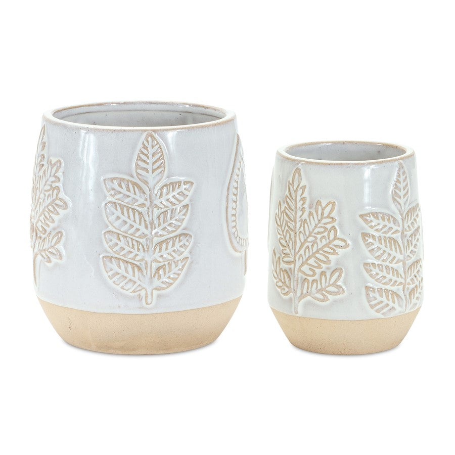 Melrose Two Tone Porcelain Planter/Leaf Design (Set of 2), Beige/Grey - 85469DS