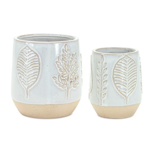 Melrose Two Tone Porcelain Planter/Leaf Design (Set of 2), Beige/Grey