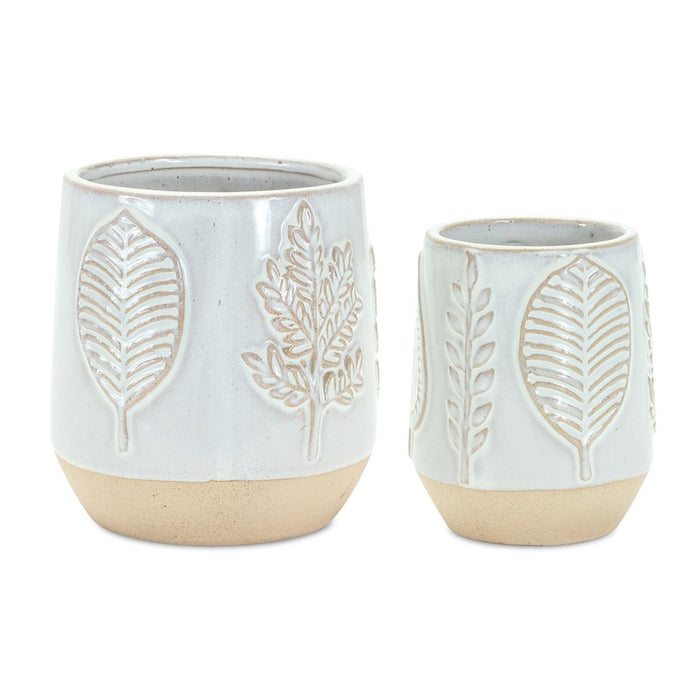 Melrose Two Tone Porcelain Planter/Leaf Design (Set of 2), Beige/Grey
