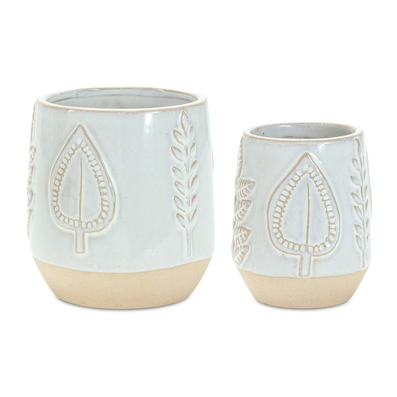 Melrose Two Tone Porcelain Planter/Leaf Design (Set of 2), Beige/Grey