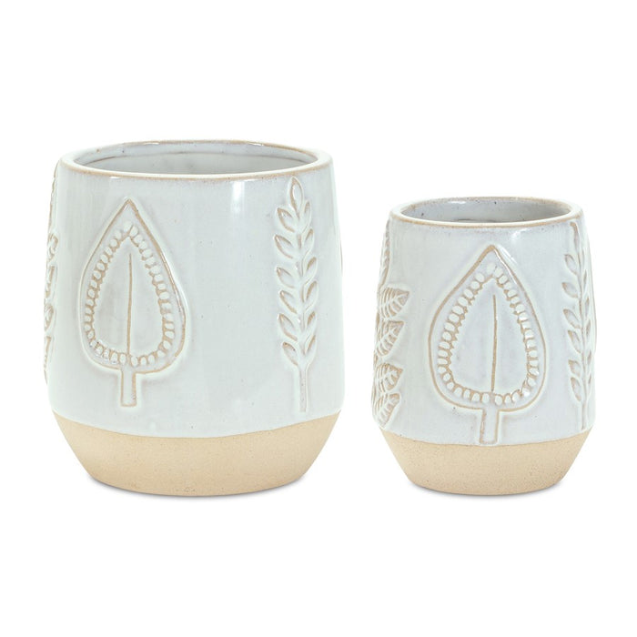 Melrose Two Tone Porcelain Planter/Leaf Design (Set of 2), Beige/Grey