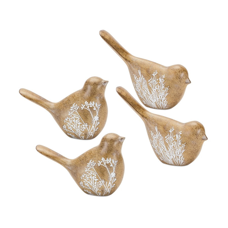 Melrose Floral Etched Bird Figurine/Wood GRain, Design, Set/4, Brown - 85478DS