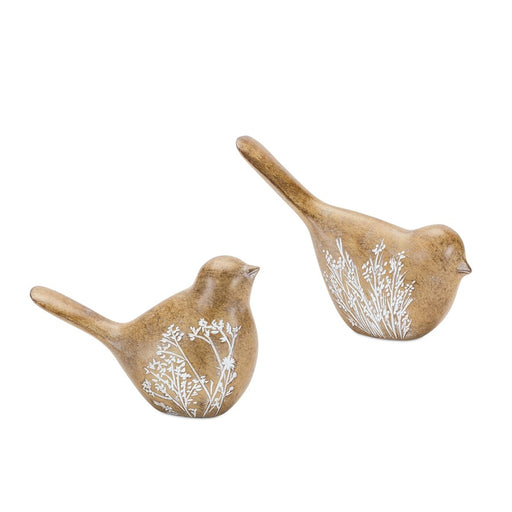 Melrose Floral Etched Bird Figurine/Wood Grain Design/Set of 4, Brown
