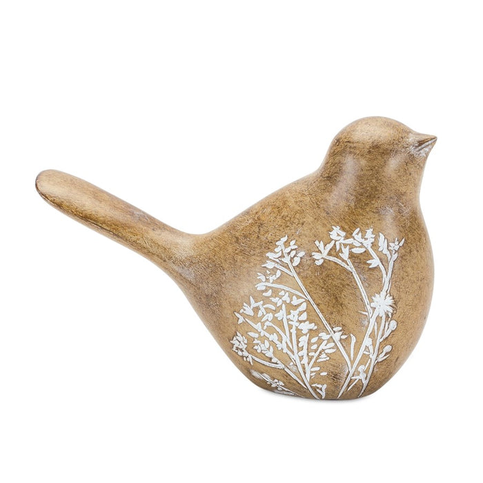 Melrose Floral Etched Bird Figurine/Wood GRain, Design, Set/4, Brown