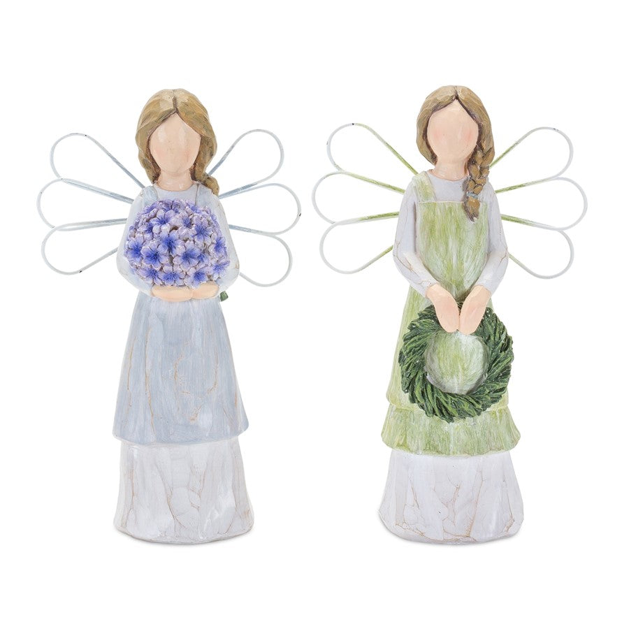 Melrose Farmhouse Angel Figurine/Floral Accent, Set of 2, Grey/Yellow - 85491DS