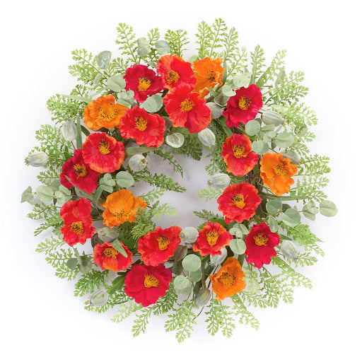 Melrose International Poppy/Fern Floral Wreath 18.5"D, Red/Green/Orang - 85516DS