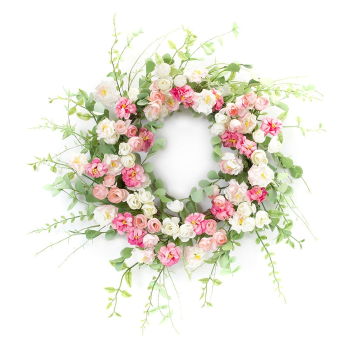 Melrose International Mixed Peony Floral Wreath 23"D, Green/Pink/White - 85520DS