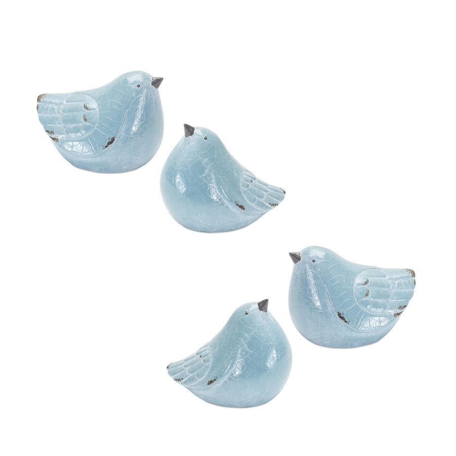 Melrose Cracked Terra Cotta Bird Figurine/Distressed, Set of 4, Blue/G - 85564DS