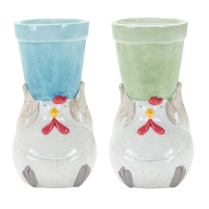 Melrose Whimsical Terra Cotta Chicken/Flower Pot, Set of 4, Blue/Green - 85566DS