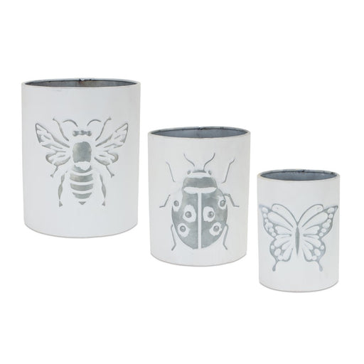 Melrose International Brushed Metal Insect Pot, Set of 3, White/Grey - 85576DS