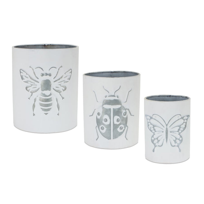 Melrose International Brushed Metal Insect Pot, Set of 3, White/Grey - 85576DS