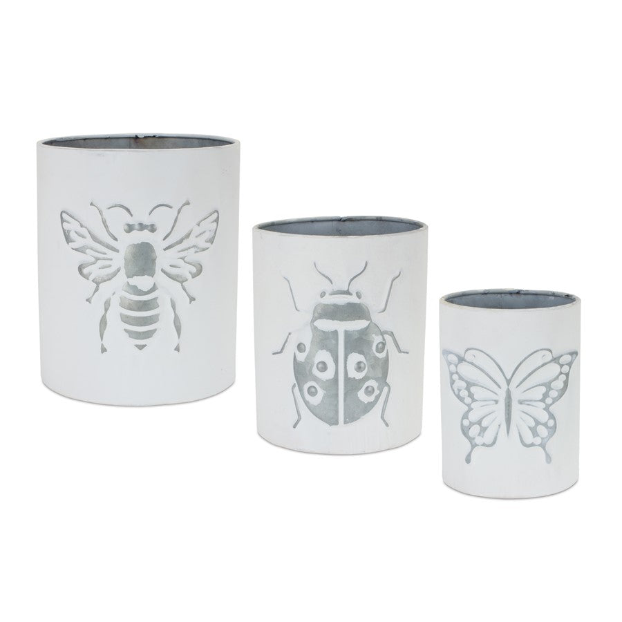 Melrose International Brushed Metal Insect Pot, Set of 3, White/Grey - 85576DS