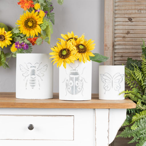 Melrose International Brushed Metal Insect Pot, Set of 3, White/Grey