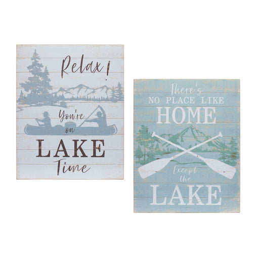 Melrose Wooden Lake Life Sentiment Sign, Set of 2, White/Brown/Blue - 85629DS