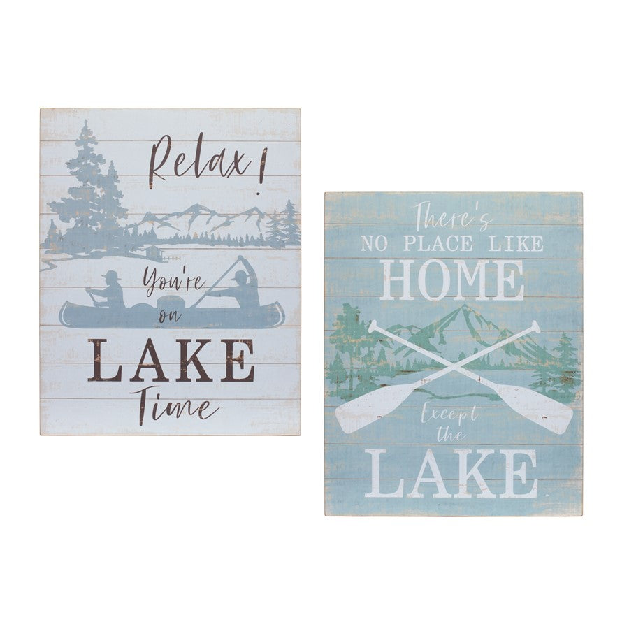 Melrose Wooden Lake Life Sentiment Sign, Set of 2, White/Brown/Blue - 85629DS